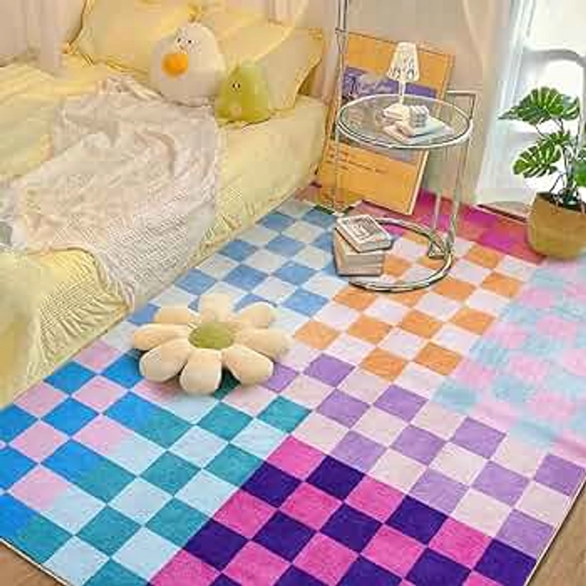 Multicolored Checkerboard Rug 4x6 Retro Funky Washable Area Rugs for Living Room Bedroom Kitchen Entryway Dorm Aesthetic, Thin Rainbow Colorful Checkered Rug Modern Geometric Accent Floor Carpet