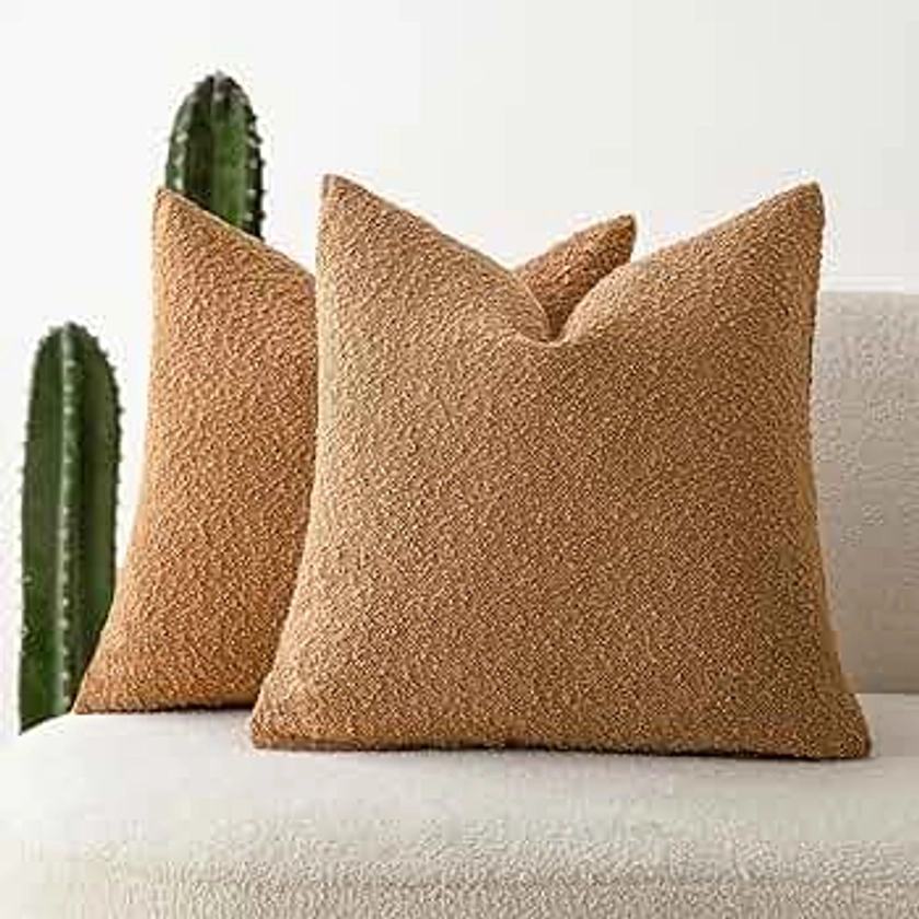 Foindtower Pack of 2 Textured Boucle Throw Pillow Covers Accent Solid Pillow Cases Cozy Soft Decorative Couch Cushion Case for Chair Sofa Bedroom Living Room Home Decor, 20 x 20 Inch,Rust Tobacco