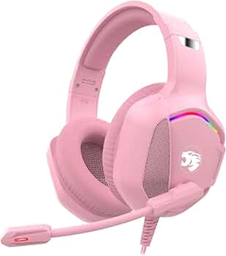 IMYB Gaming Headset with Microphone for Pc, Xbox One Series X/s, Ps4, Ps5, Switch, Stereo Wired Noise Cancelling Over-Ear Headphones with Mic, RGB, for Computer, Laptop, Mac, Nintendo, Gamer (Pink)