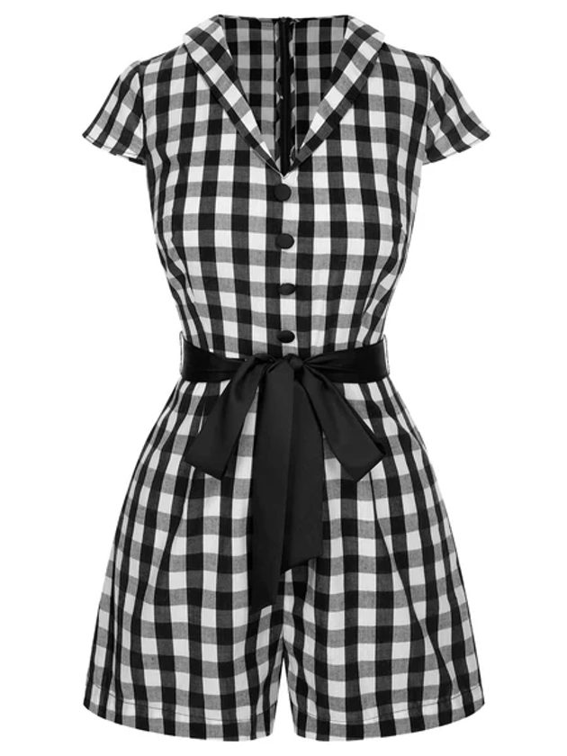 Black 1940s Lapel Plaids Belted Romper