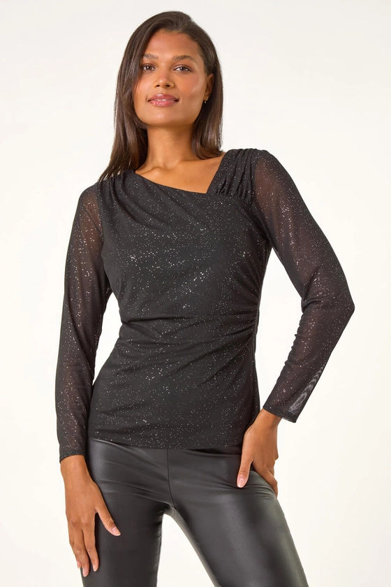 Black Asymmetric Neck Sparkle Mesh Stretch Top | Roman UK