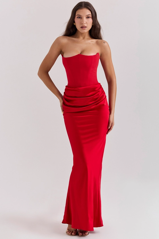 Clothing: Maxi Dresses: 'Persephone' Scarlet Strapless Corset Dress