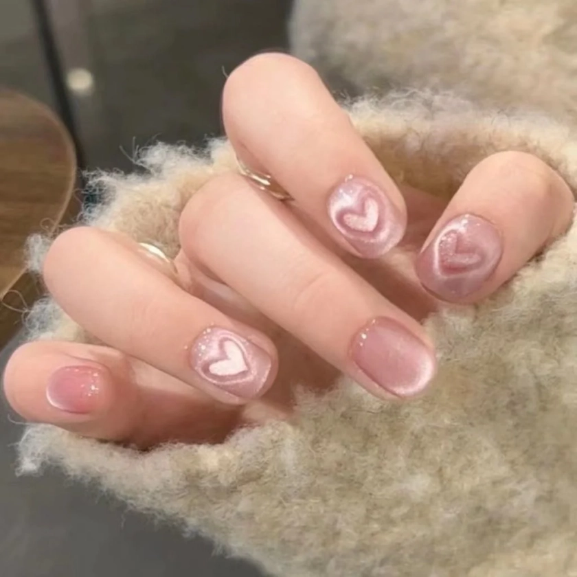 Pink Heart Glitter Press-On Nails - Elegant Fake Nail Art