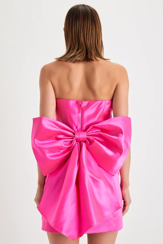 Soiree Hour Hot Pink Satin Strapless Bow Mini Dress