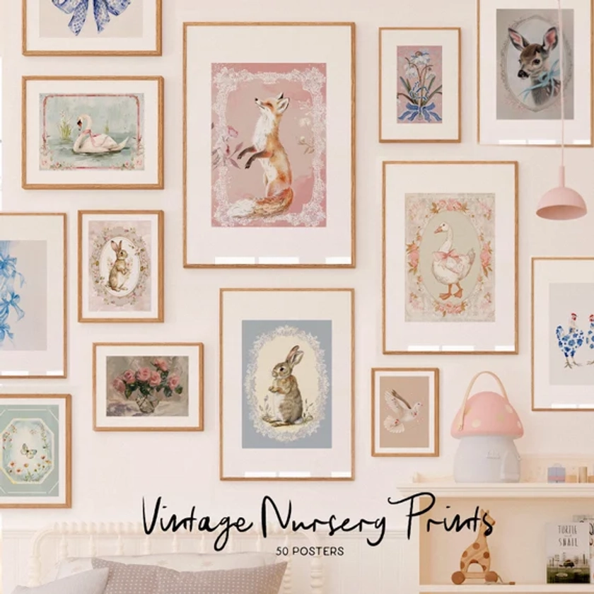 Vintage Nursery Digital Print. Vintage Painting, Cottagecore Decor, Printable Wall Art, Vintage Girls Boys Gallery wall, Bows, Baby animals.
