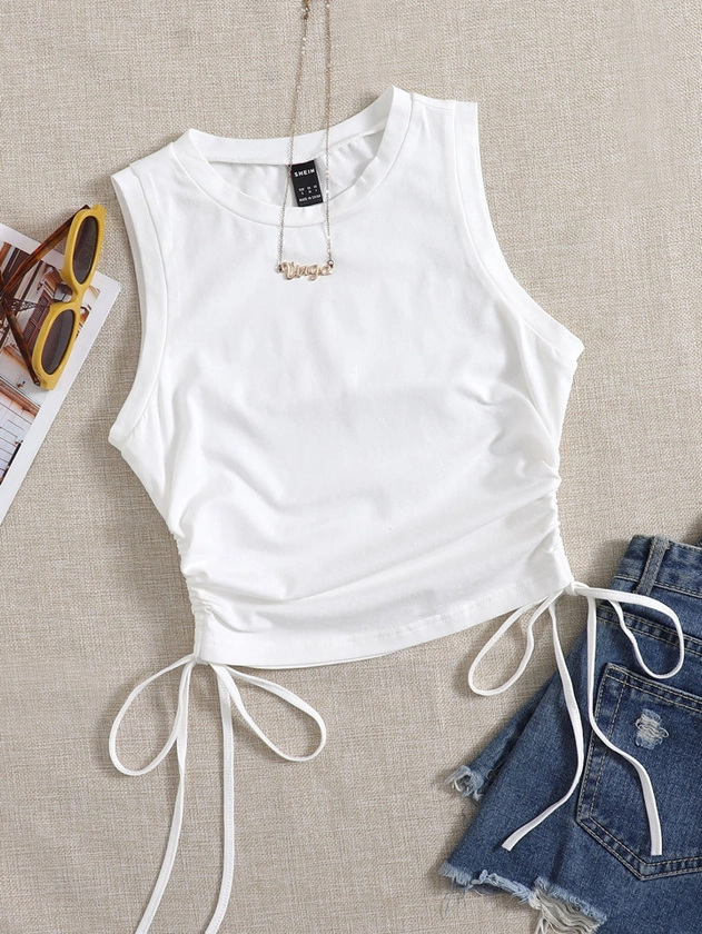 SHEIN EZwear Drawstring Ruched Side Crop White Summer Outfits Back Tank Top