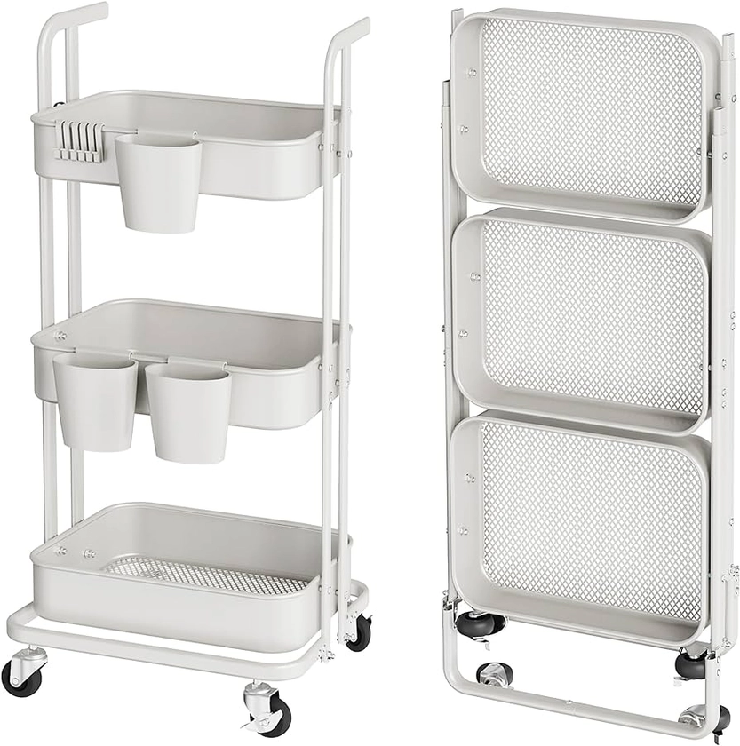 DTK 3 Tier Foldable Rolling Cart, Metal Utility Cart with Lockable Wheels, Folding Storage Trolley, 3 Small Baskets and 6 Hooks for Living Room, Kitchen, Bathroom, Bedroom and Office, White