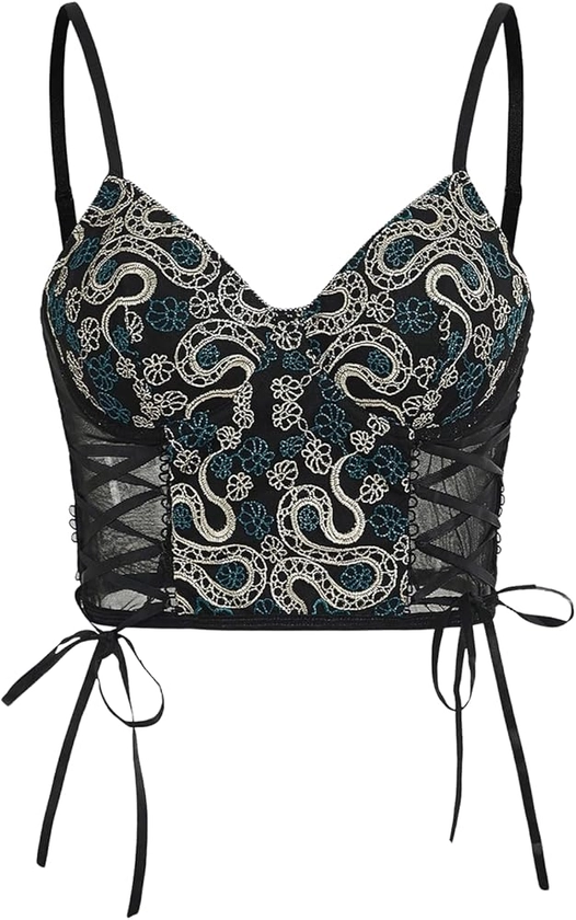 SHENHE Women's Casual Contrast Mesh Lace Up Deep V Neck Snake Print Crop Bustier Cami Top Black X-Small at Amazon Women’s Clothing store