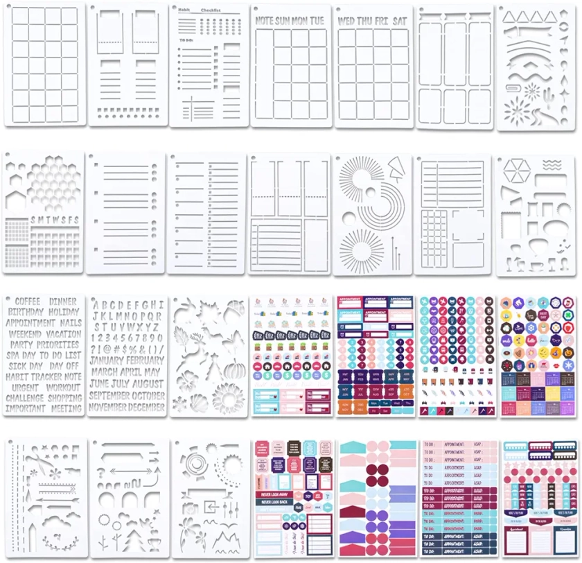 NAESM Lot de 20 pochoirs pour journal intime, planificateur de gain de temps, listes de contrôle à puces, journaux à faire soi-même, modèles A5, 8 feuilles d'autocollants pour journal