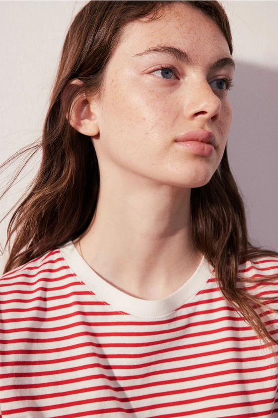 Cotton T-shirt - Round Neck - Short sleeve - Red/striped - Ladies | H&M US
