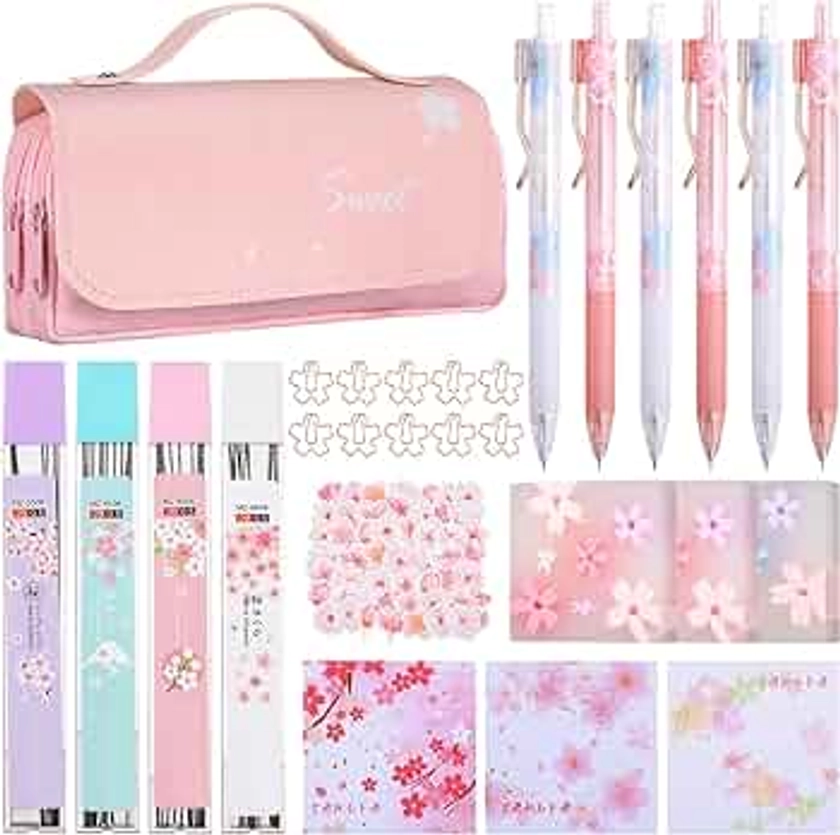 Crtiin 74 Pcs Kawaii Cherry Blossom Stationery Set Japanese Kawaii Pencil Bag Mechanical Pencil Cherry Erasers Pencil Refill and Stickers for School Office Party Favors (Pink)