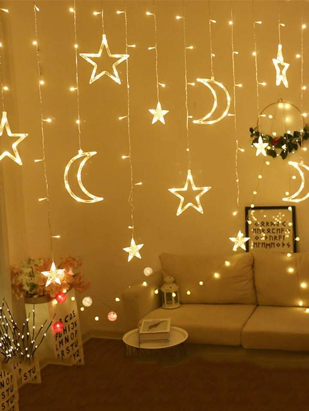 1pc 4m 120leds Star & Moon Shaped Curtain Decoration Light String, For Indoor Wall, Window, Festival Party Moon Light String Decoration