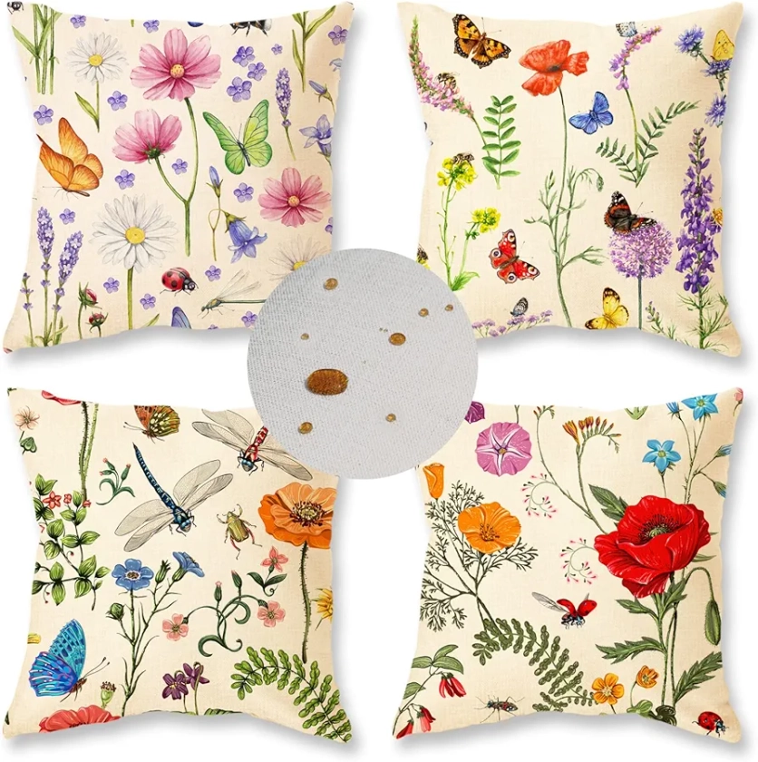 ONWAY Outdoor Waterproof Spring Summer Pillow Covers 16x16 Inch Set of 4 Floral Farmhouse Throw Pillows Decorative Cushion Cases for Outdoor Couch Sofa Patio Furniture Home Decoration