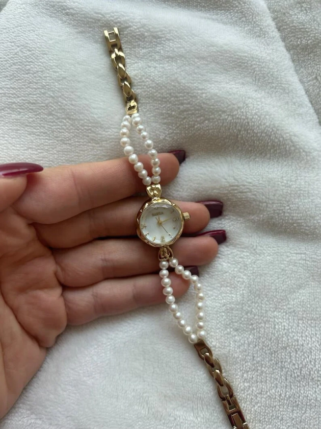 Vintage 24k Gold Pearl Womens Watch Small Face