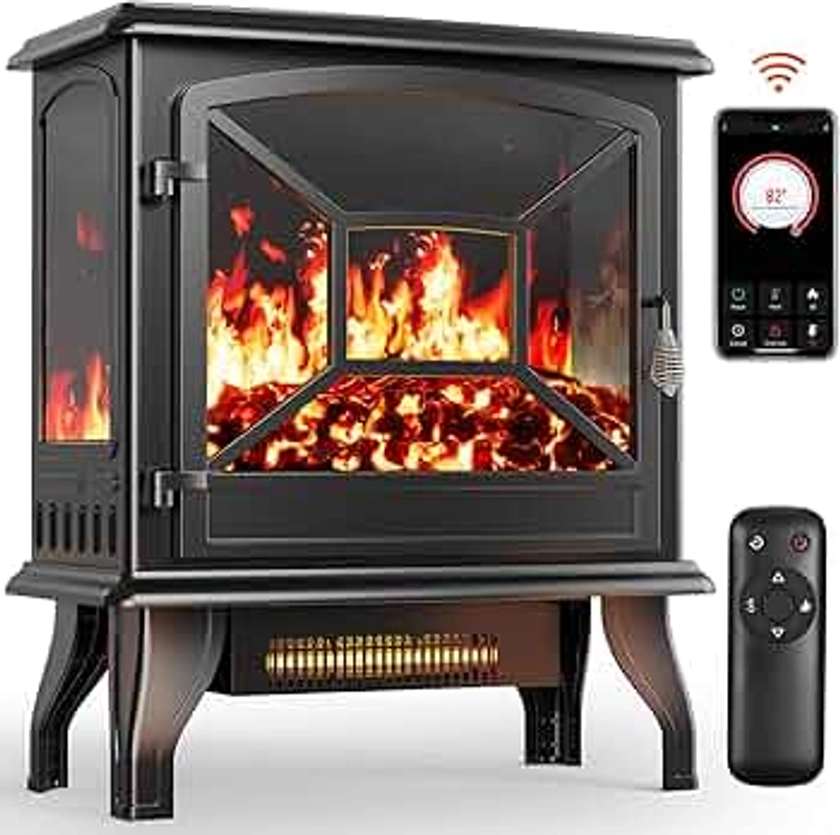 Silonn Electric Fireplace Heater, 5300 BTU Portable Fireplace with App & Remote,24-inch Low Noise Electric Fire Place with 5 Brightness Levels, Temp Control & Timer for Living Room, Bedroom, Black