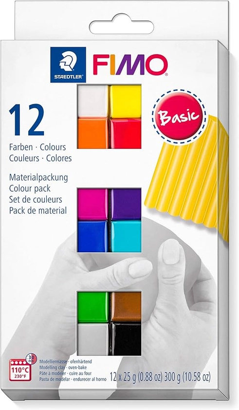 STAEDTLER 8023 C12-1 FIMO Soft Oven Hardening Polymer Modelling Clay - Basic Assorted Colours (Pack of 12 x 25g Blocks)