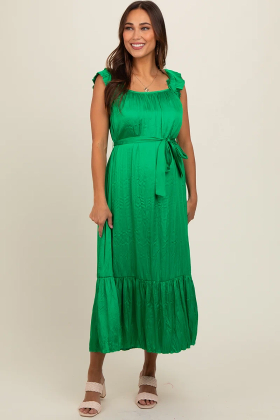 Green Ruffle Short Sleeve Self Tie Maternity Dress