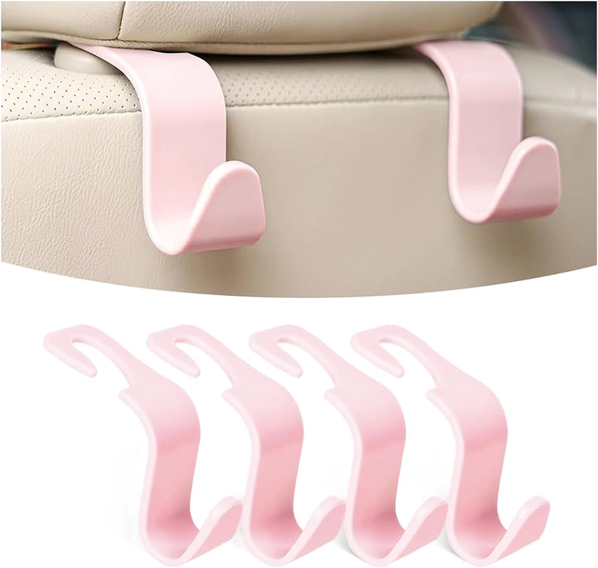 Car Seat Headrest Hook, 4 Pack Auto Seat Hanger Storage Organizer for Purse Handbag Coats Bags, Universal Car Interior Accessories, Vehicle Plastic Hanging Hook (Light Pink)