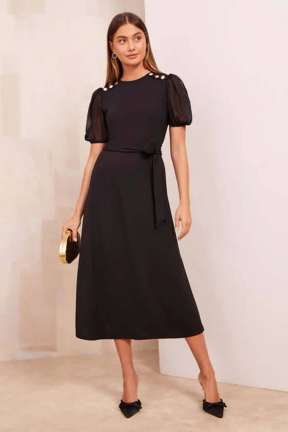 Buy Friends Like These Black Chiffon Puff Sleeve Tie Belt Midi Dress from the Next UK online shop