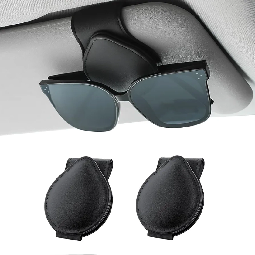 Rhino Valley 2 Pack Glasses Clip for Car, Sun Visor Sunglasses Holder Clip Organizer Eyeglasses Mount with Card Clip for Car Sun Visor Magnetic Adsorption Leather Glasses Hanger, Black