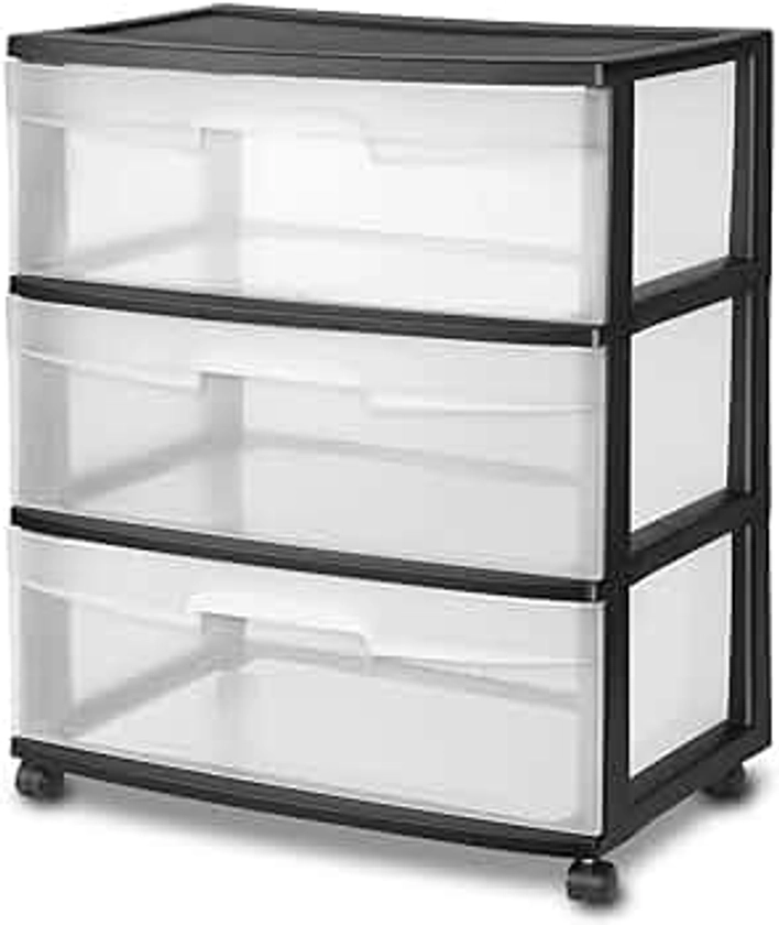 Plastic Storage Drawer Cart, 3 Large Clear Drawers Medium Home Organization Storage Container With Wheels, Black (Black)