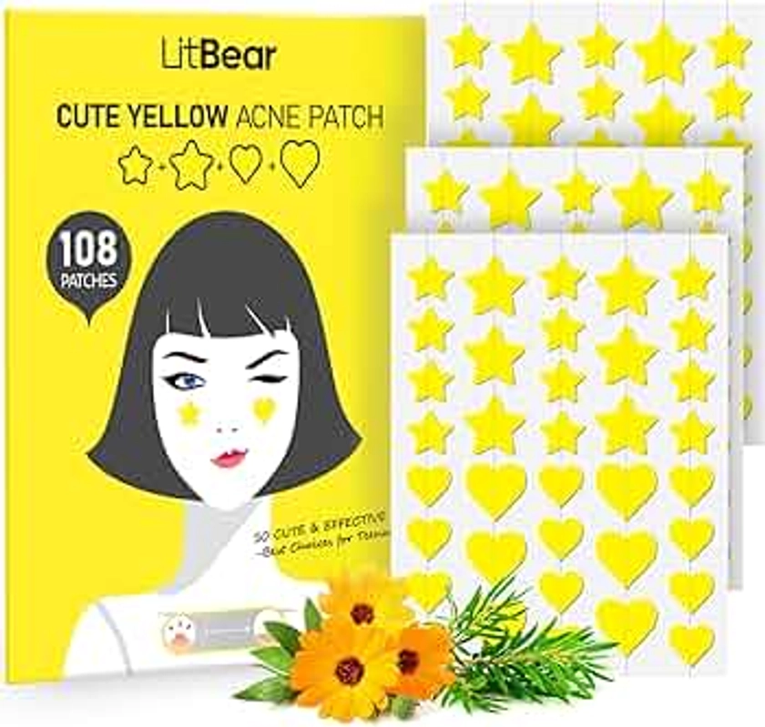 LitBear Acne Patch Pimple Patch, Yellow Heart & Star Shaped Acne Absorbing Cover Patch, Hydrocolloid Acne Patches For Face Zit Patch Acne Dots, Tea Tree Oil + Centella Oil, 108 Count