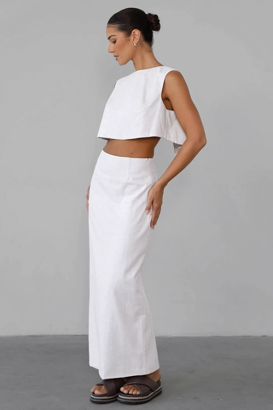 Solid Color Back Slit Crop Tank Top Slim Fit Maxi Skirt Matching Set-White