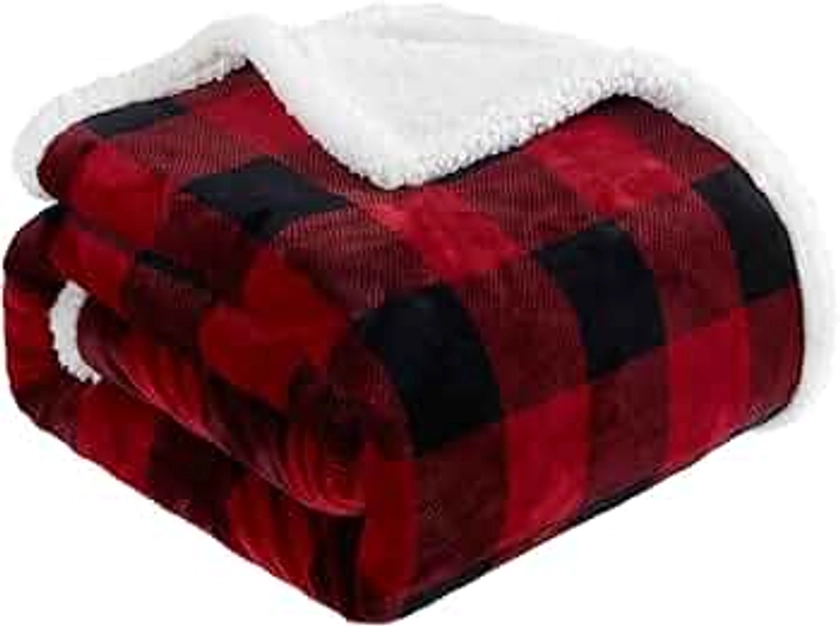 Touchat Sherpa Red and Black Buffalo Plaid Christmas Throw Blanket, Fuzzy Fluffy Soft Cozy Blanket, Fleece Flannel Plush Microfiber Blanket for Couch Bed Sofa (60" X 70")