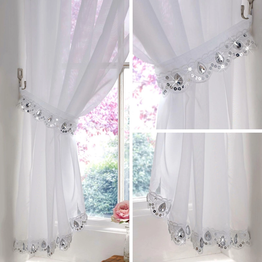 Jewelled Voile Curtain Crystal Sparkle Bling Panels Ready Made Slot Top Curtains