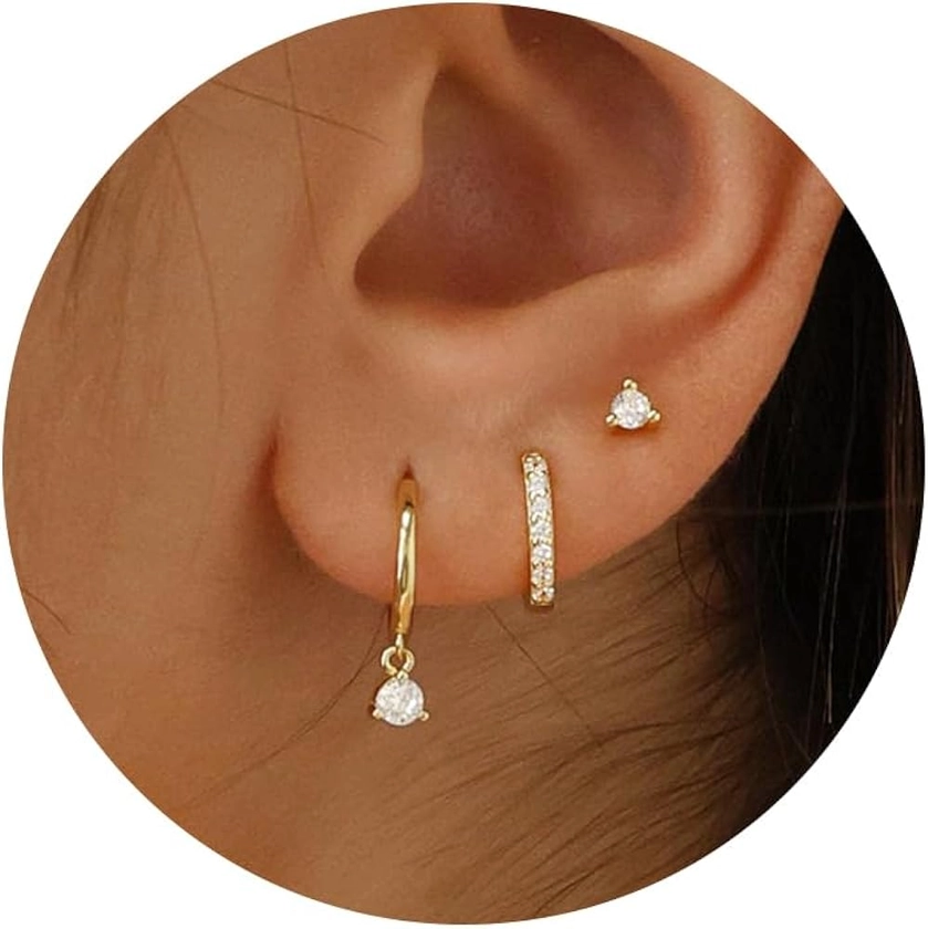 Freekiss 3 Pairs Gold Hoop Earrings Set: Dainty Stud Earrings Trendy Small 14K Gold Plated Hypoallergenic Dangle Cartilage Huggie Hoop Earrings for Women Gold Jewelry for Women Girls Gifts