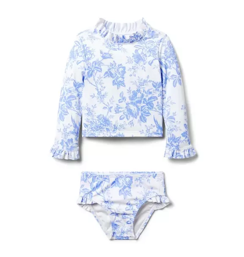 Girl White Floral Toile Recycled Floral Toile Rash Guard Swimsuit by Janie and Jack