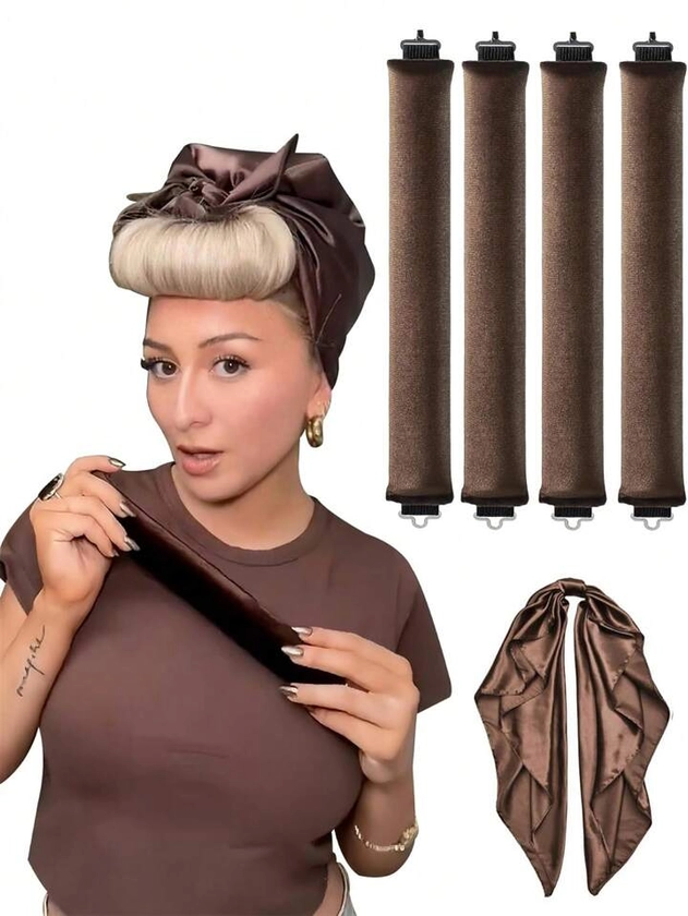 5pcs Satin No Heat Hair Curlers, Include Sleeping Curlers, Hair Dryer Curling Headband, Foam Roller, Suitable For Thin To Big Curls Brown Hair