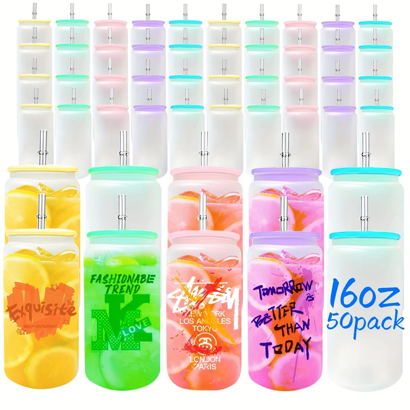 * 50 pack 16oz Frosted Sublimation Glass Cups with Colorful Plastic Lids and Straws, Blanks Sublimation Beer Cans, Borosilicate Glasses, Sublimat