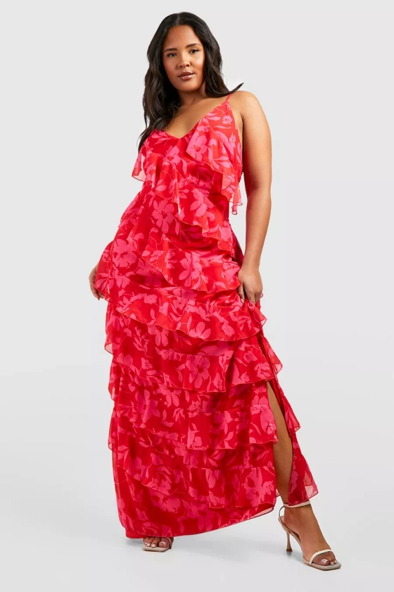 Plus Floral Frill Plunge Ruffle Maxi Dress