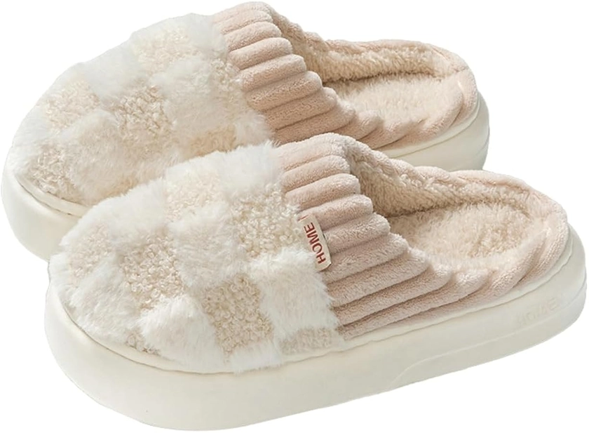 Amazon.com | Plush Slippers for Women Men Plaid Cuff Warm Fuzzy Fleece Slipper Cozy Memory Foam Checkered Home Shoes Non-Slip | Slippers