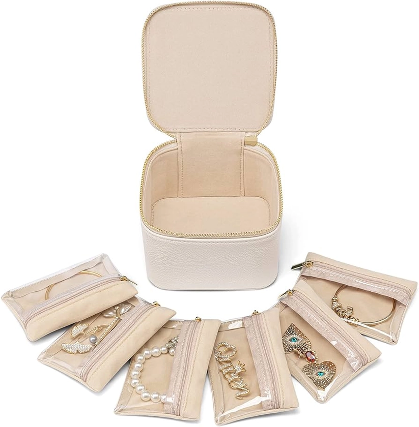 Amazon.com: Vlando Small Jewelry Box Organizer,Travel Jewelry Storage with 6 Velvet Jewelry Zipper Pockets,Premium Petal Hardware Jewelry Case for Women Girls Valentines Day Gifts for Self (White) : Clothing, Shoes & Jewelry