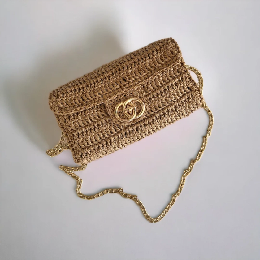 Crochet Mini Crossbody Clutch Bag, Knitted Straw Purse For Women, Raffia Natural Summer Purse