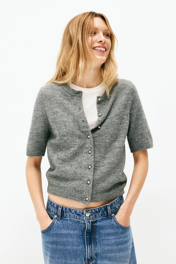 Knit Cardigan - Round Neck - Short sleeve - Gray melange - Ladies | H&M US