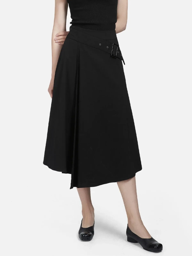 Vintage Pleated Side Buckle A-Line Skirt