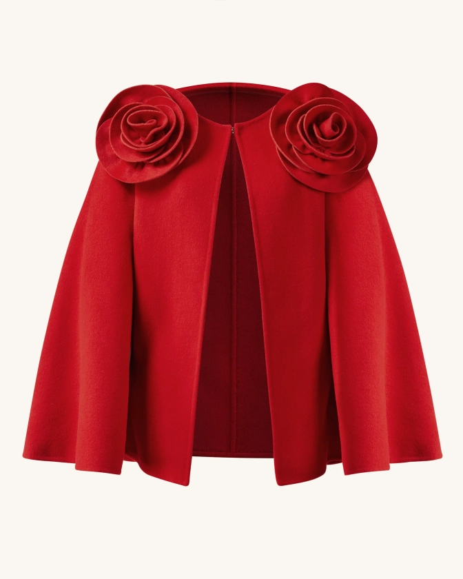 Manteau Cape Clara avec Appliques Florales - Rouge