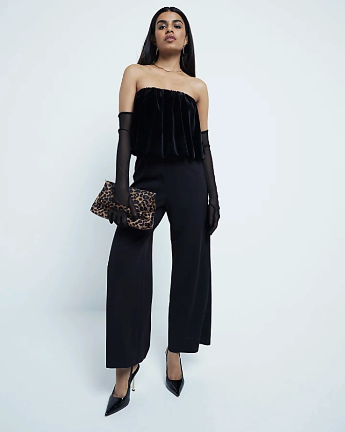 Petite Black Velvet Bubble Bandeau Jumpsuit | River Island