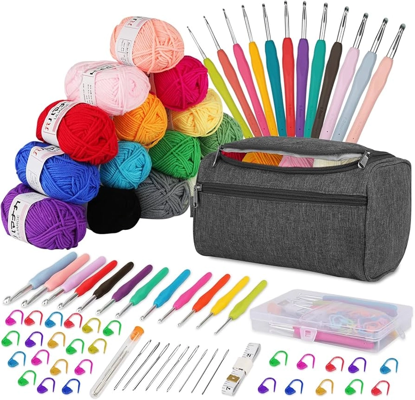 Crochet Kits for Beginners Adults Crochet Kit 15Pcsx25g Crochet Yarns Ergonomic Metal Crochet Hooks 2mm-8mm Knitting Accessories Tools Storage Case Needles Crochet Starter Kit-Grey