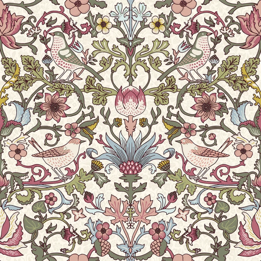 Garden Visitors Wallpaper in Raspberry, Mineral and Olive on Windsor Cream