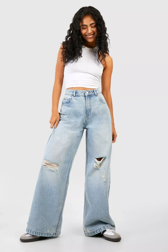 Ripped Knee Distressed Relaxed Straight Leg Jeans