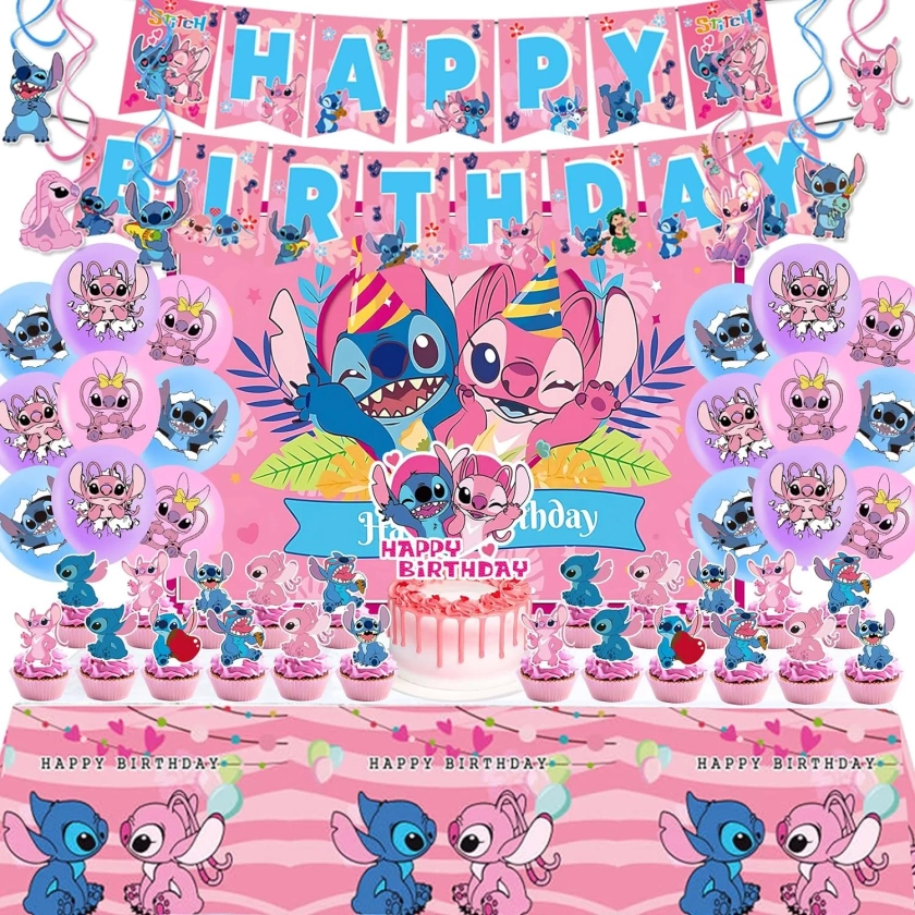 Stitch Party Supplies, Birthday Party Decorations Set Include Banner, Backdrop, Balloons, Hanging Swirls, Cake Cupcake Toppers, Tablecloth for Girls Angel Party Decorations