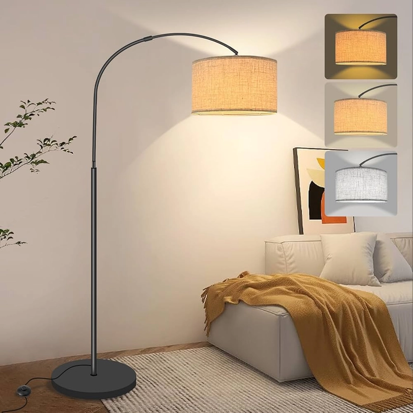 Fortand LED Lampadaire sur Pied Salon/Chambre Moderne 3 Températures de Couleur, Ampoule LED12W E27 Lampe avec Angle Réglable Abat-jour en Lin & Interrupteur au Pied, 165cm