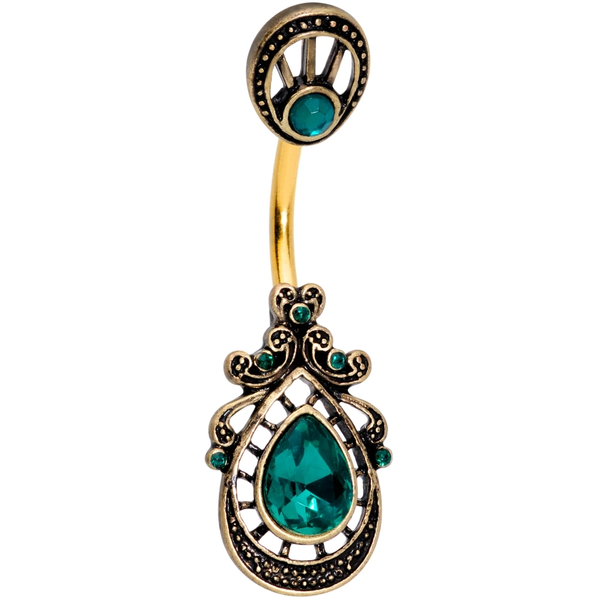 Green Gem Gold Tone Filigree Rococo Reversible Belly Ring
