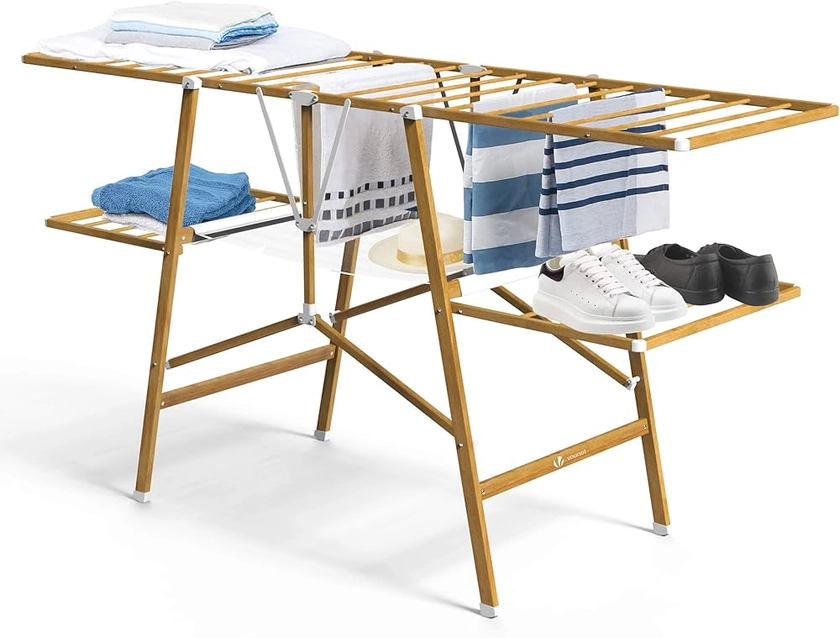 vounot Séchoir à Linge Pliable Deluxe Grand d’étendage 165 * 56 * 90cm Capacité de Séchage 20M Séchoir Extensible sur Pied Charge Max 25KG Couleur Imitation Bois