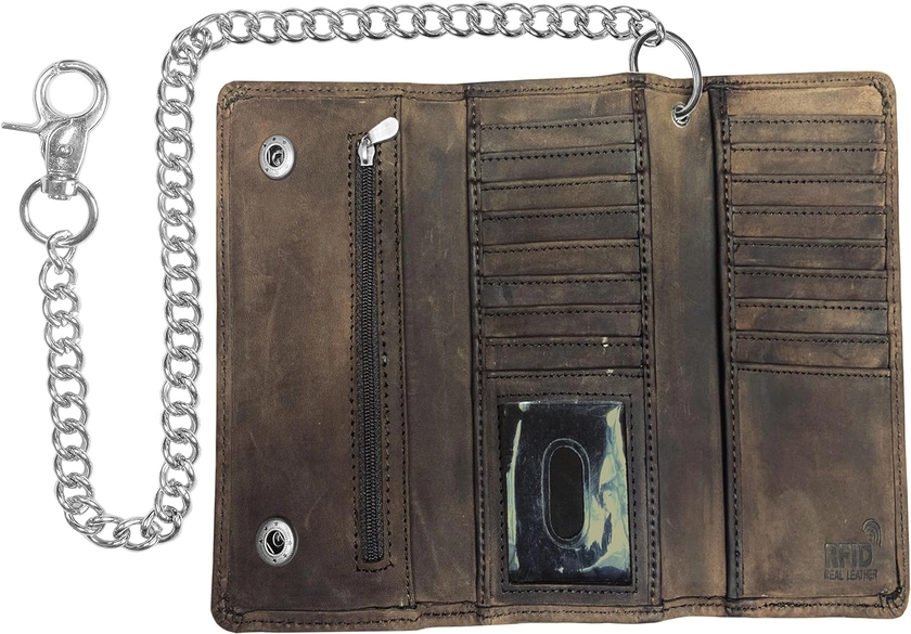 IBRO Motorcycle Chain Wallet for Men – 100% Natural Genuine Leather, Long Trifold RFID Blocking, Credit Card Money Organizer - Men’s Trucker Biker Metal Chain Wallets