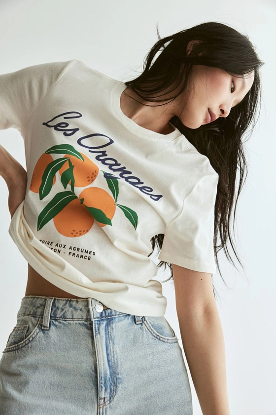 Printed T-shirt - Round neck - Short sleeve - Cream/Oranges - Ladies | H&M GB